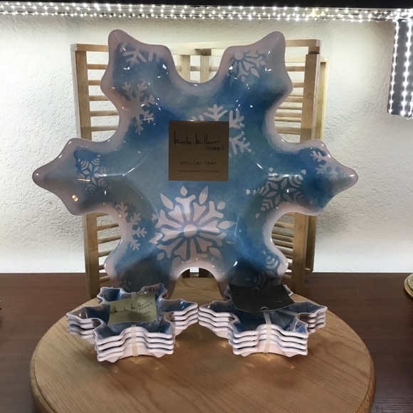 Nicole Miller Snowflake Christmas Melamine Platter 19” with 8 Side Dishes 7” NWT - Picture 2 of 10